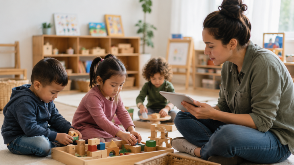 Early childhood educator documenting children’s learning for DRDP assessment.